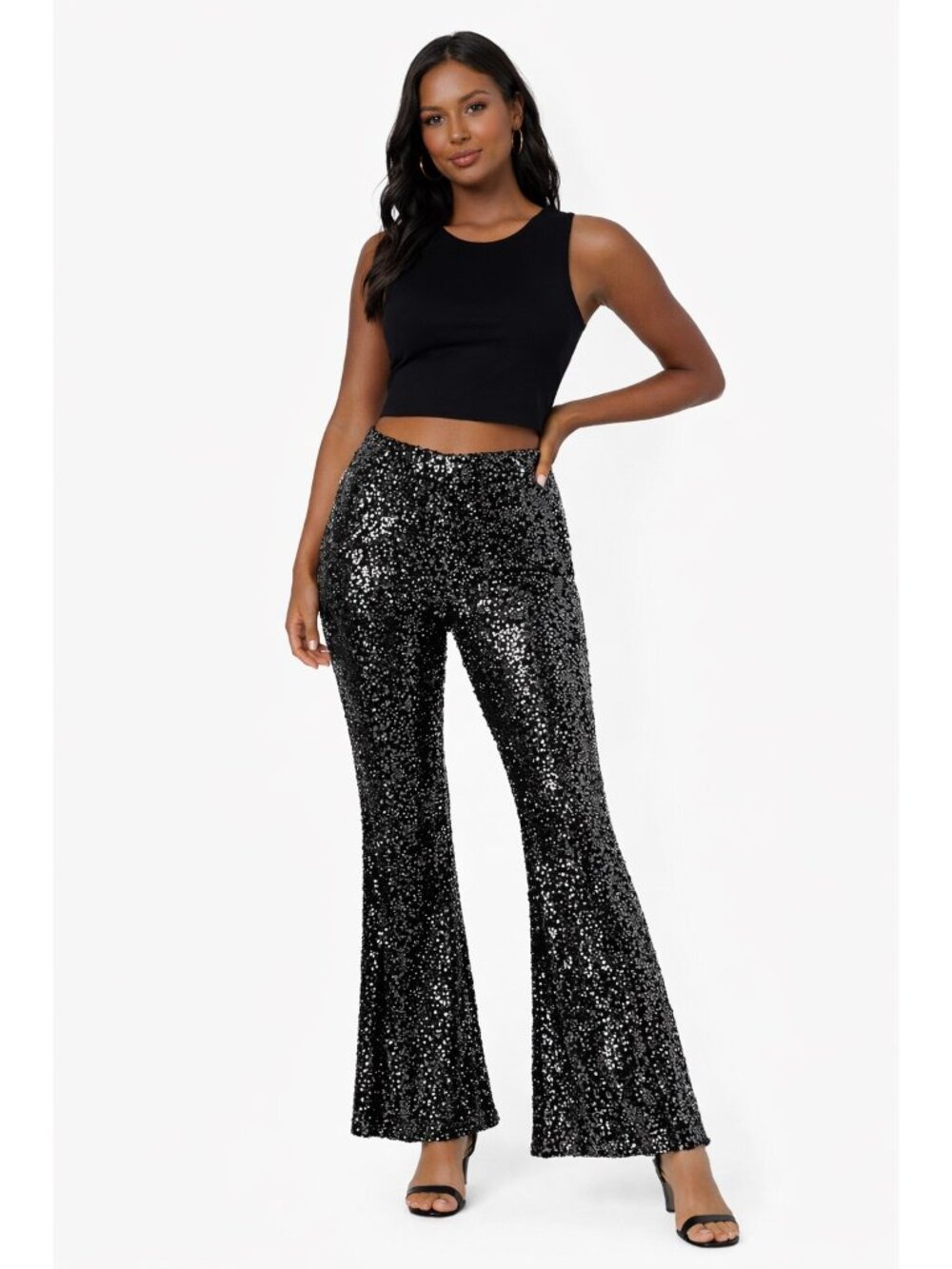 No Boundaries Sequin Flare Pants Medium Black High Waist Festival Retro Party
